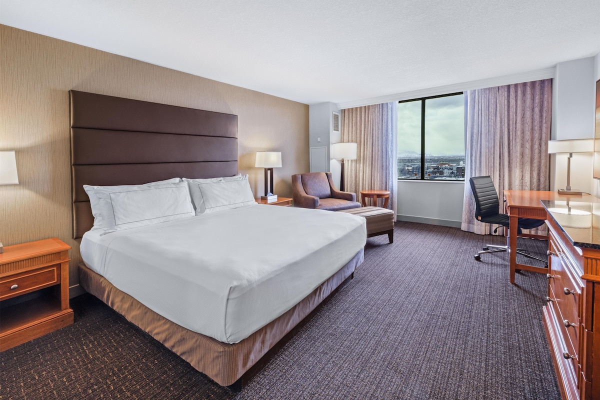 Une chambre d’hôtel avec un grand lit, un bureau, une chaise et une vue sur la ville.