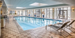 Une piscine intérieure dotée de chaises longues et de plantes en pot.