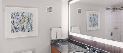Une salle de bain moderne avec un lavabo surmonté d’un plan de travail en granit, un grand miroir et deux tableaux abstraits encadrés accrochés au mur.