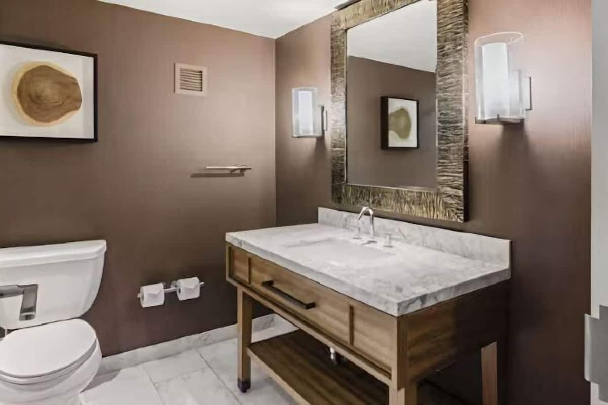 Banheiro | Produtos de toalete de grife, secador de cabelo, chinelos