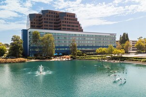 A hotel with a large pool, a fountain, and a modern building with multiple floors.