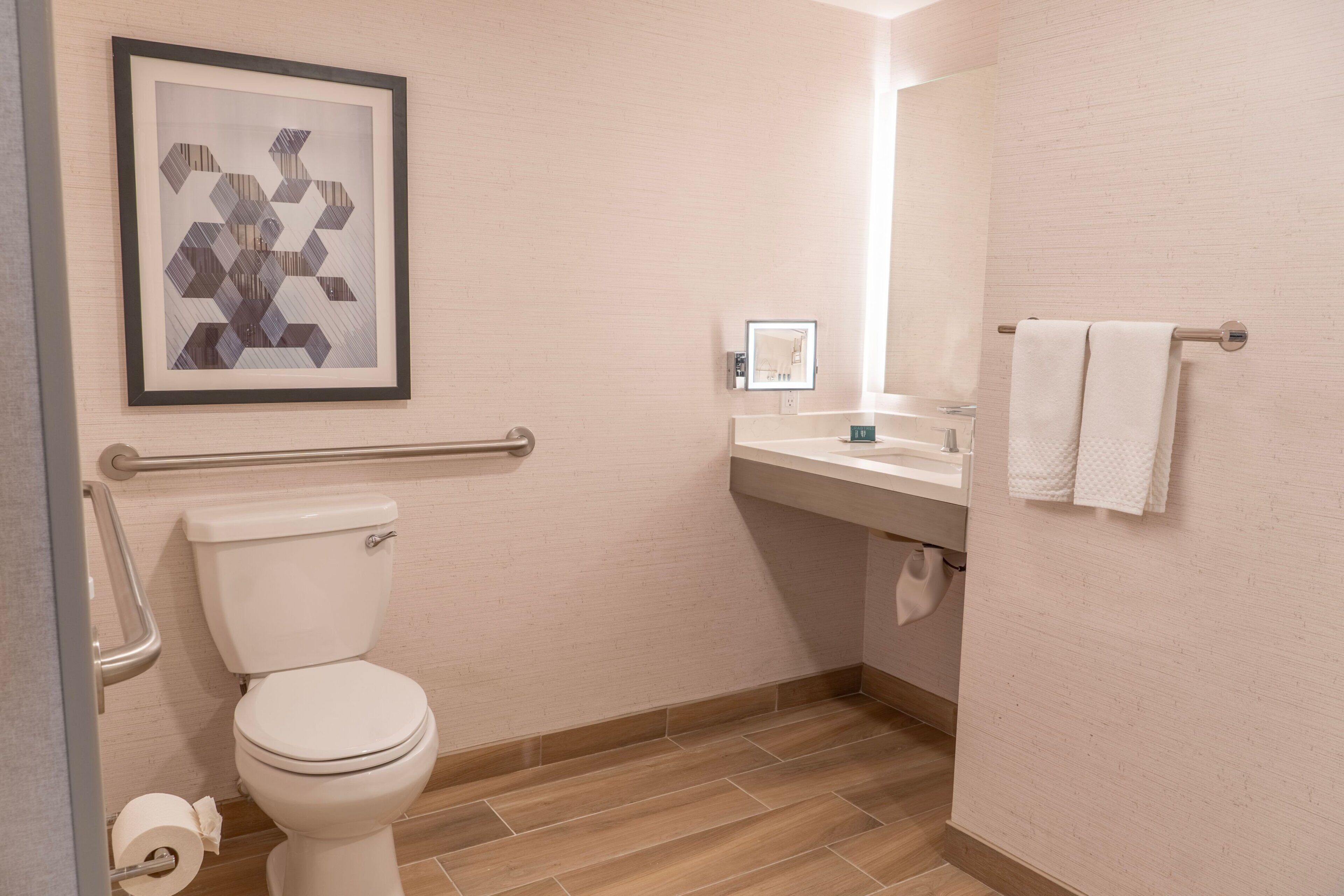 A bathroom with a toilet, a sink, a mirror, a towel rack, and a framed picture on the wall.