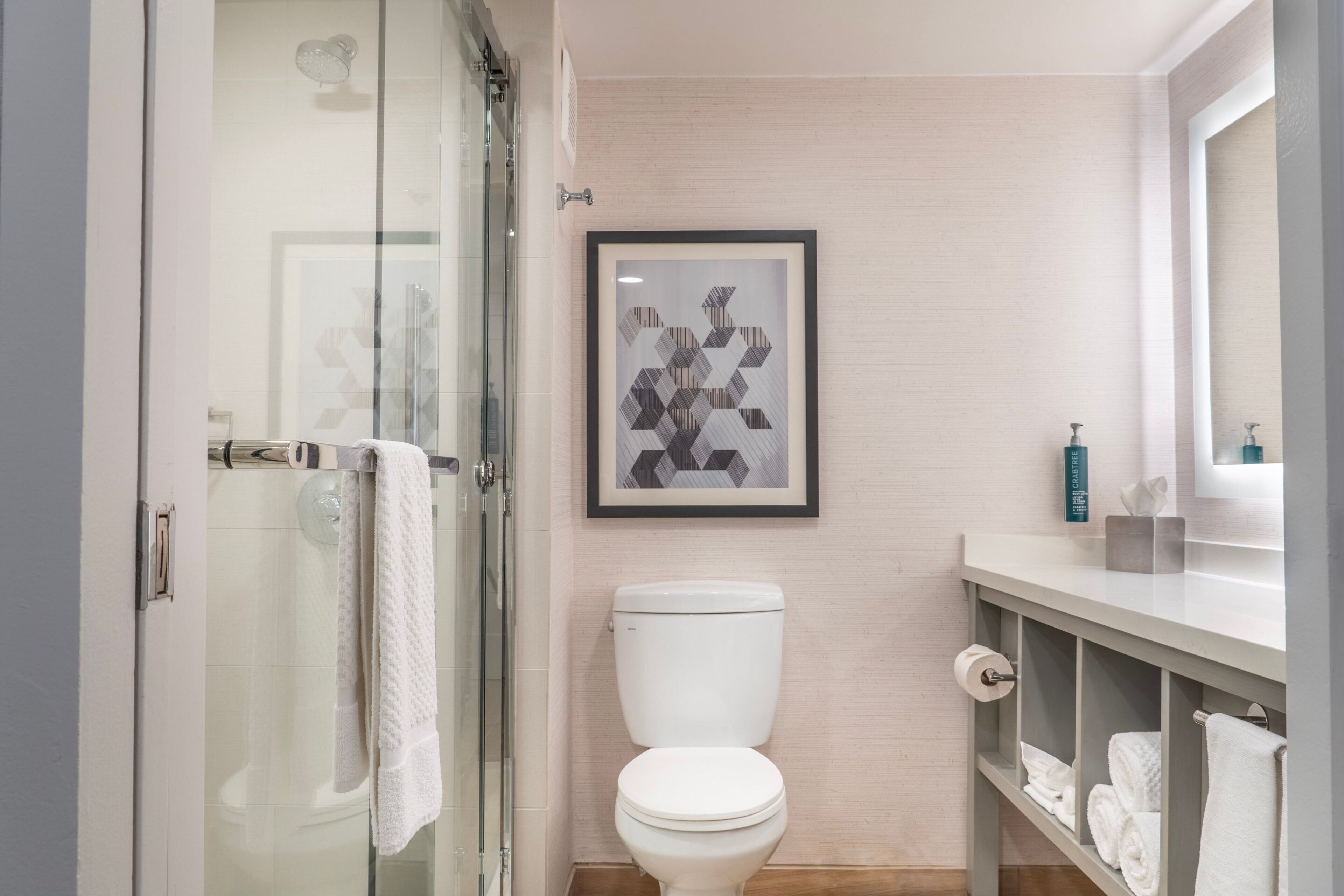A modern bathroom with a glass shower enclosure, a white toilet, a framed abstract artwork, and a vanity with a mirror and toiletries.