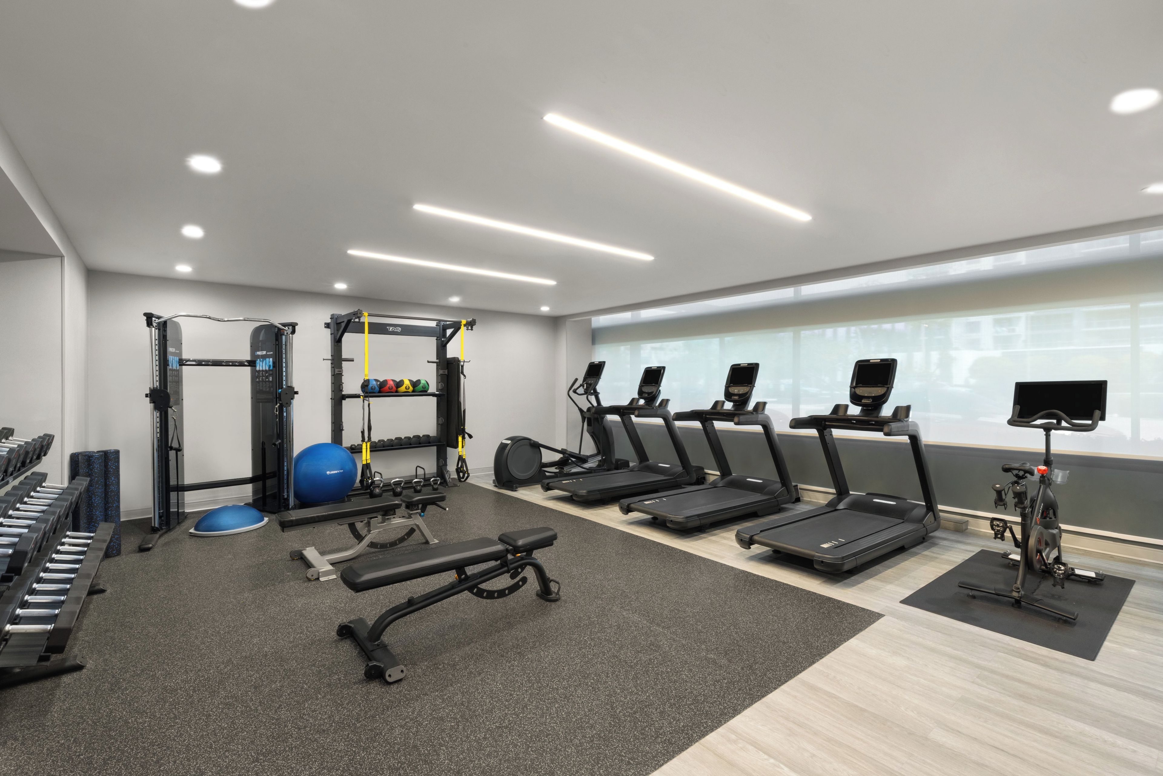 Un gimnasio con cintas de correr, máquinas de pesas y pelotas de ejercicio.