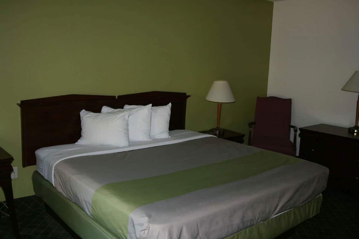 Een hotelkamer met een bed, twee nachtkastjes, een lamp en een stoel.