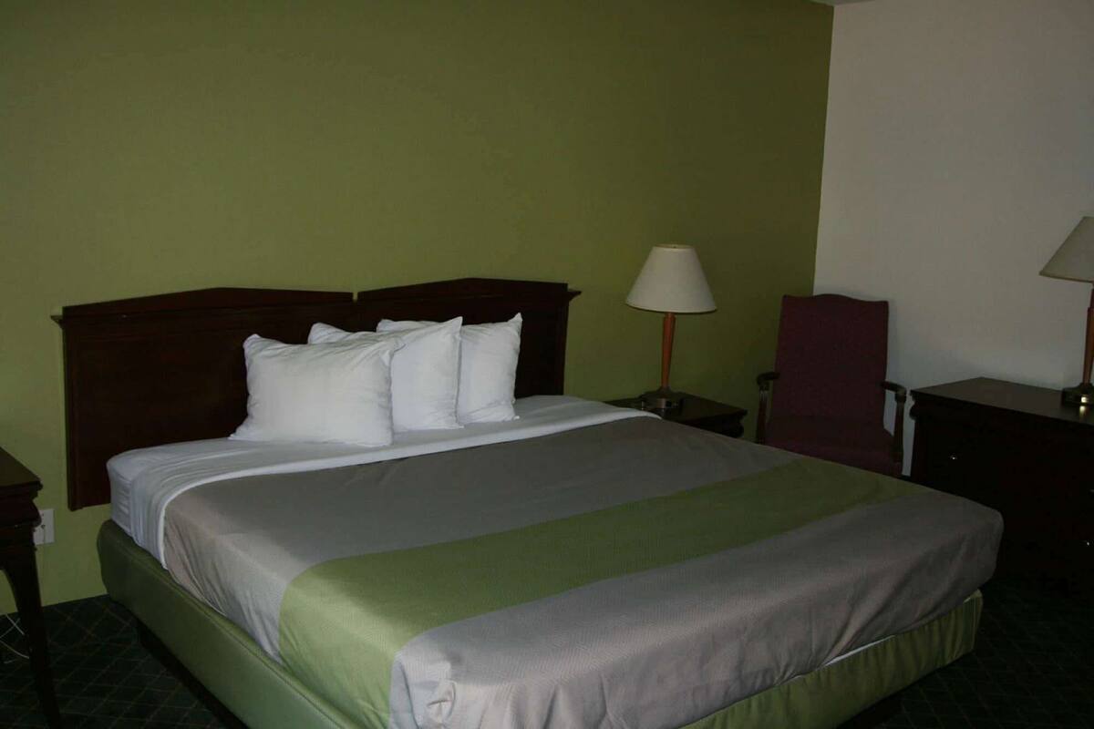 Een hotelkamer met een bed, twee nachtkastjes, een lamp en een stoel.