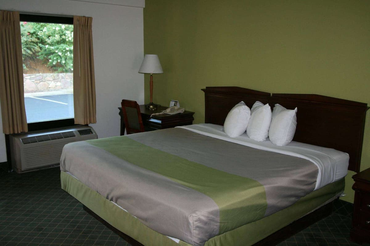 Een hotelkamer met een bed, bureau, lamp en raam met gordijnen.