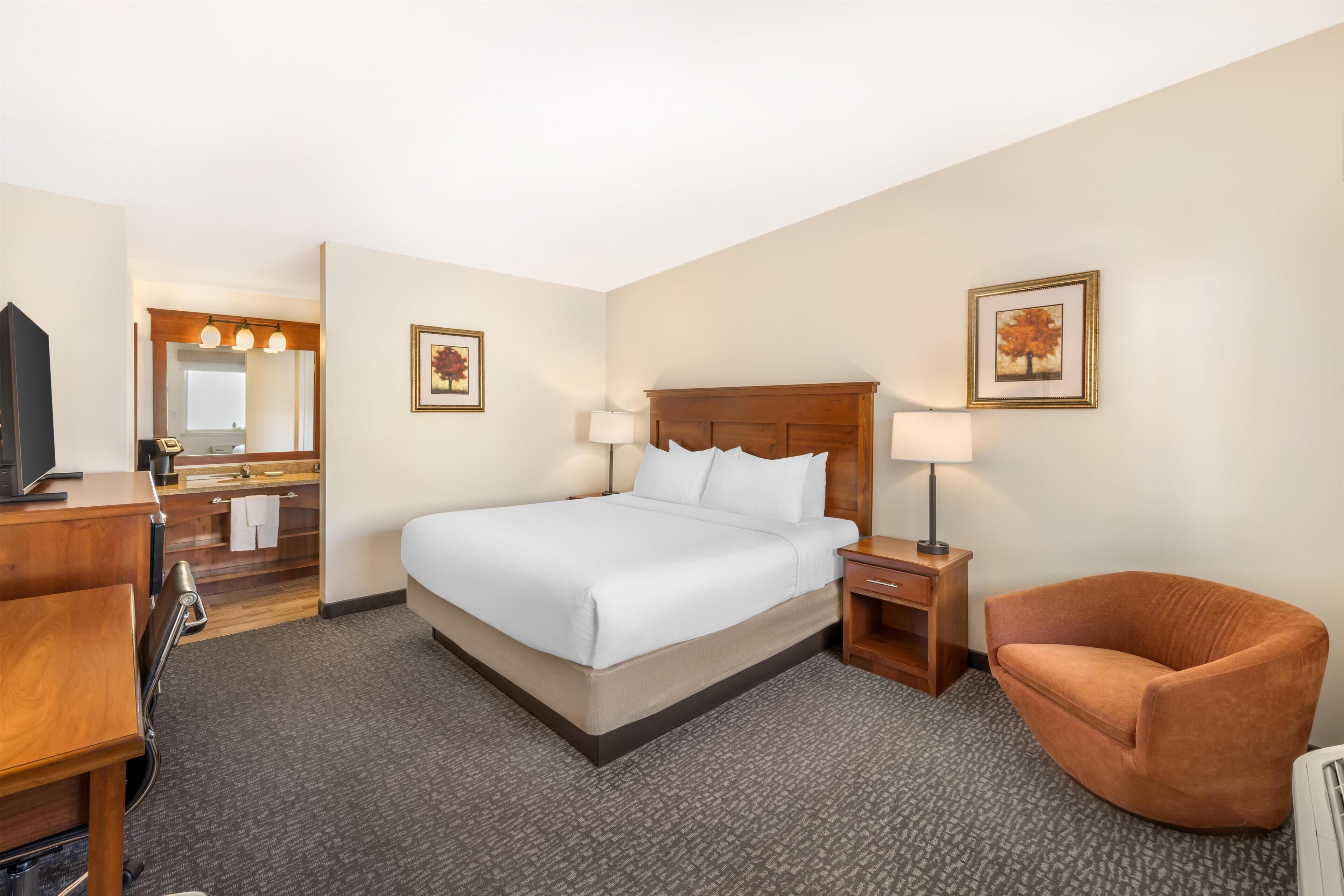 A hotel room with a bed, a chair, a desk, a TV, a lamp, and a mirror.