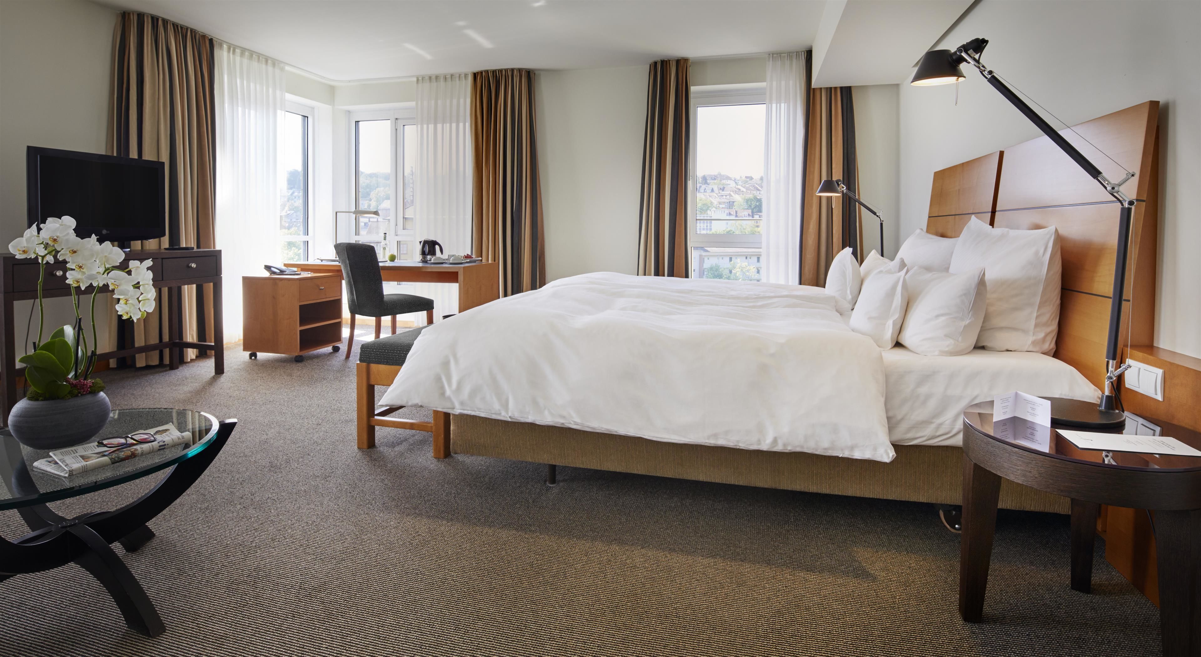 Habitación de hotel con una cama grande, un escritorio, una silla, un televisor y vistas a la ciudad.