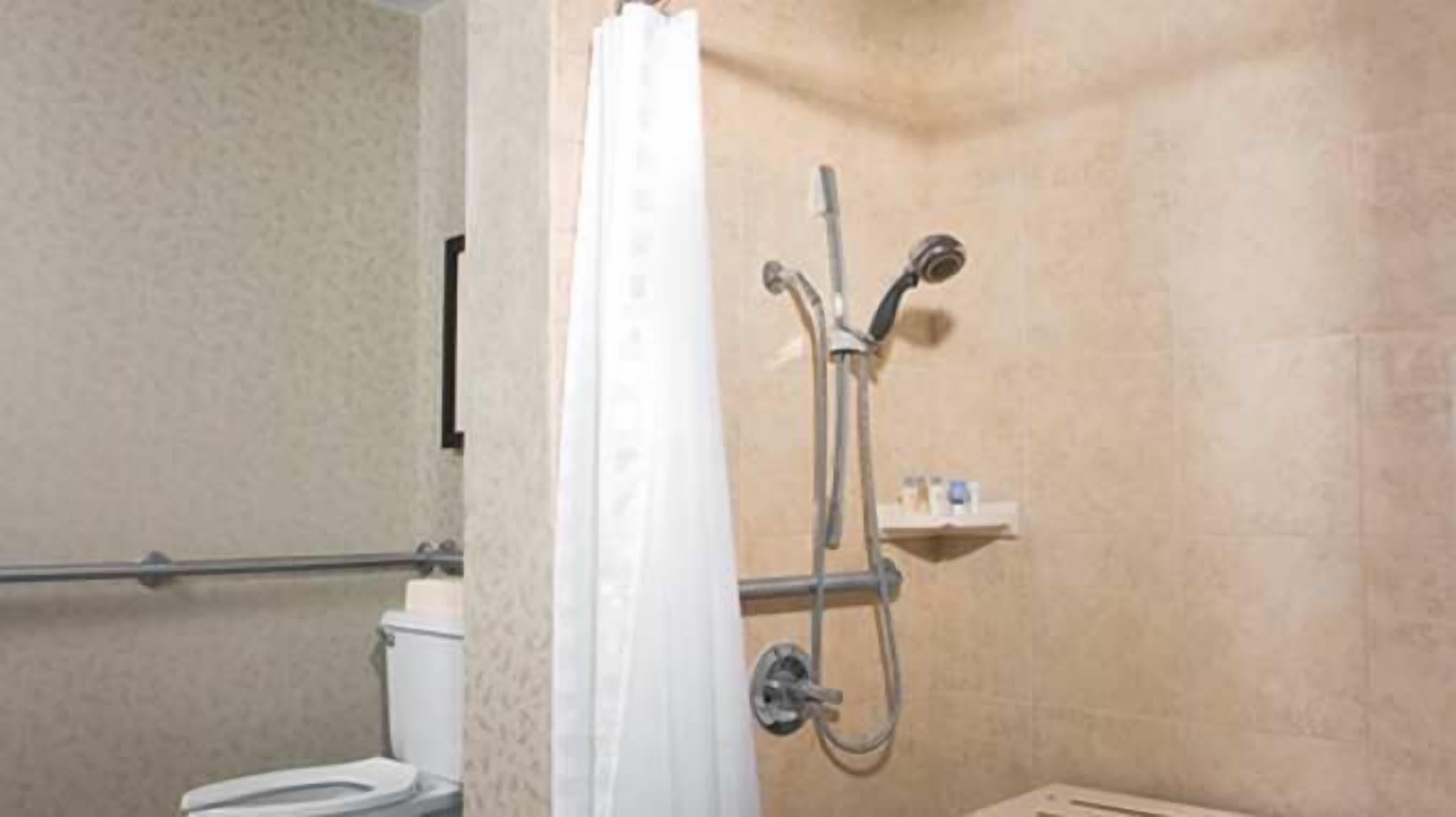 A shower area with a handheld showerhead and a wall-mounted faucet.