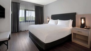 Une chambre d’hôtel avec un grand lit, une table de chevet avec une lampe, un téléviseur fixé au mur et une fenêtre avec des rideaux.