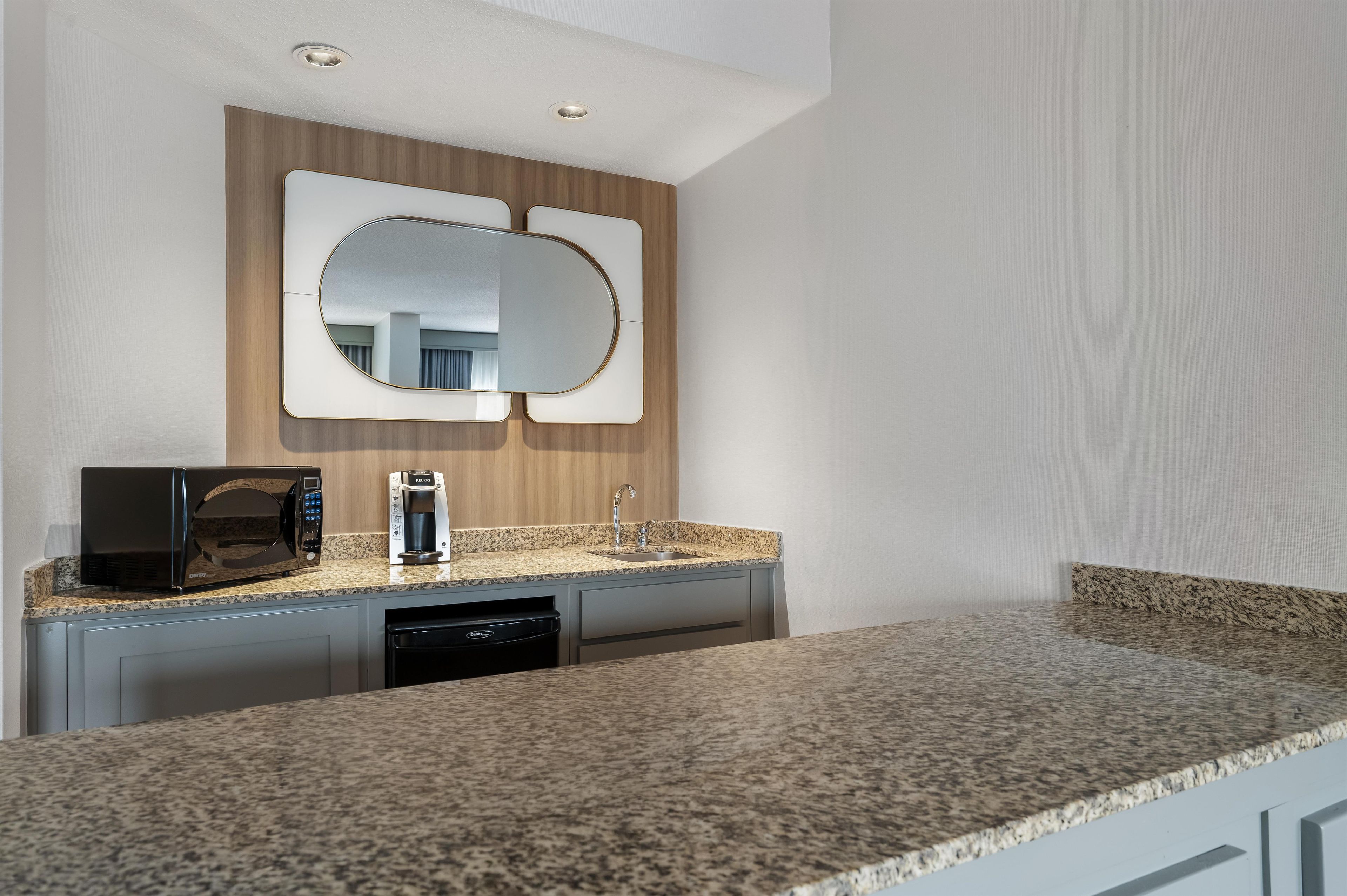 Een moderne keuken met een granieten aanrecht, een ingebouwde magnetron, een koffiezetapparaat en een vaatwasser.
