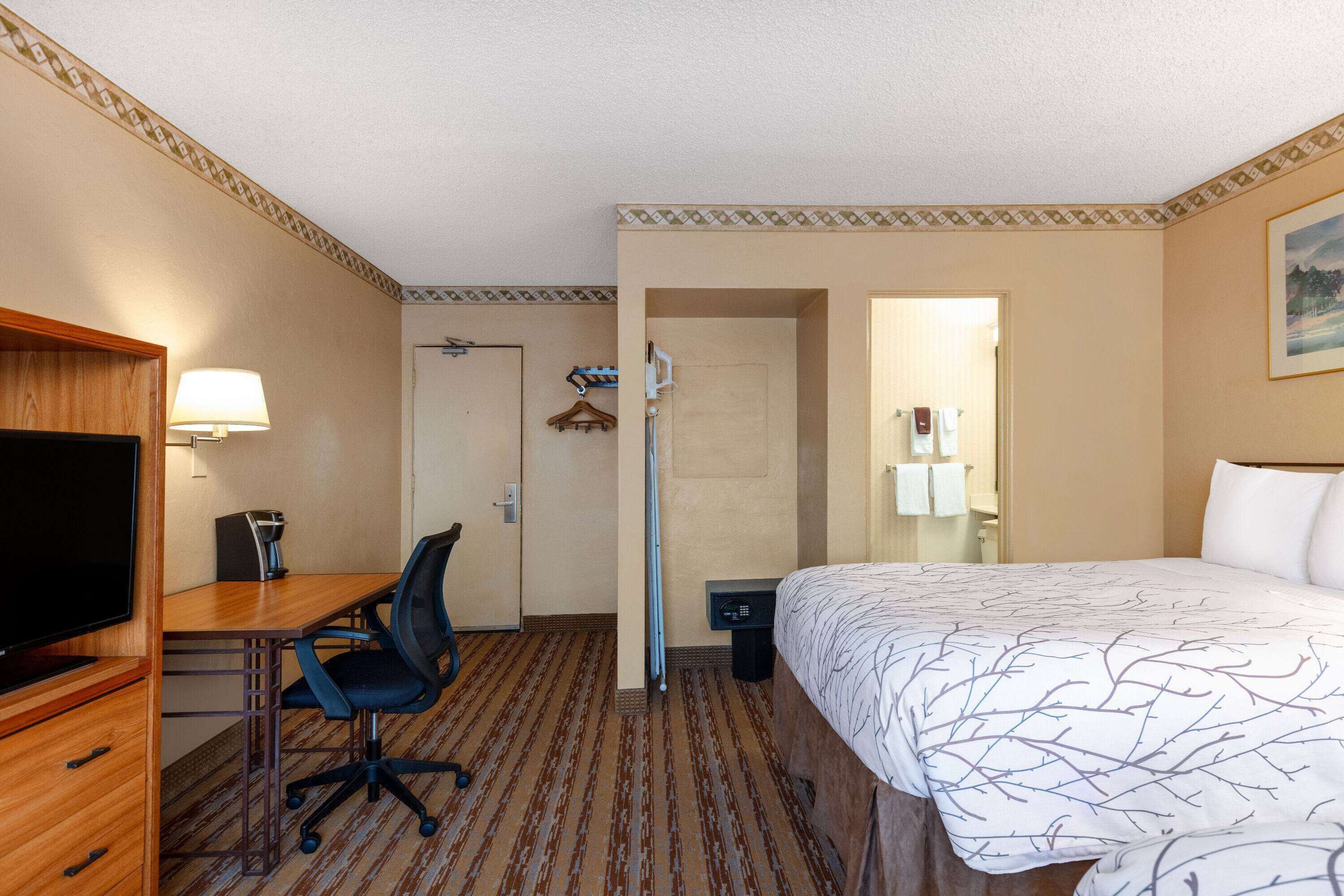 A hotel room with a bed, a desk with a chair, a television, and a lamp.