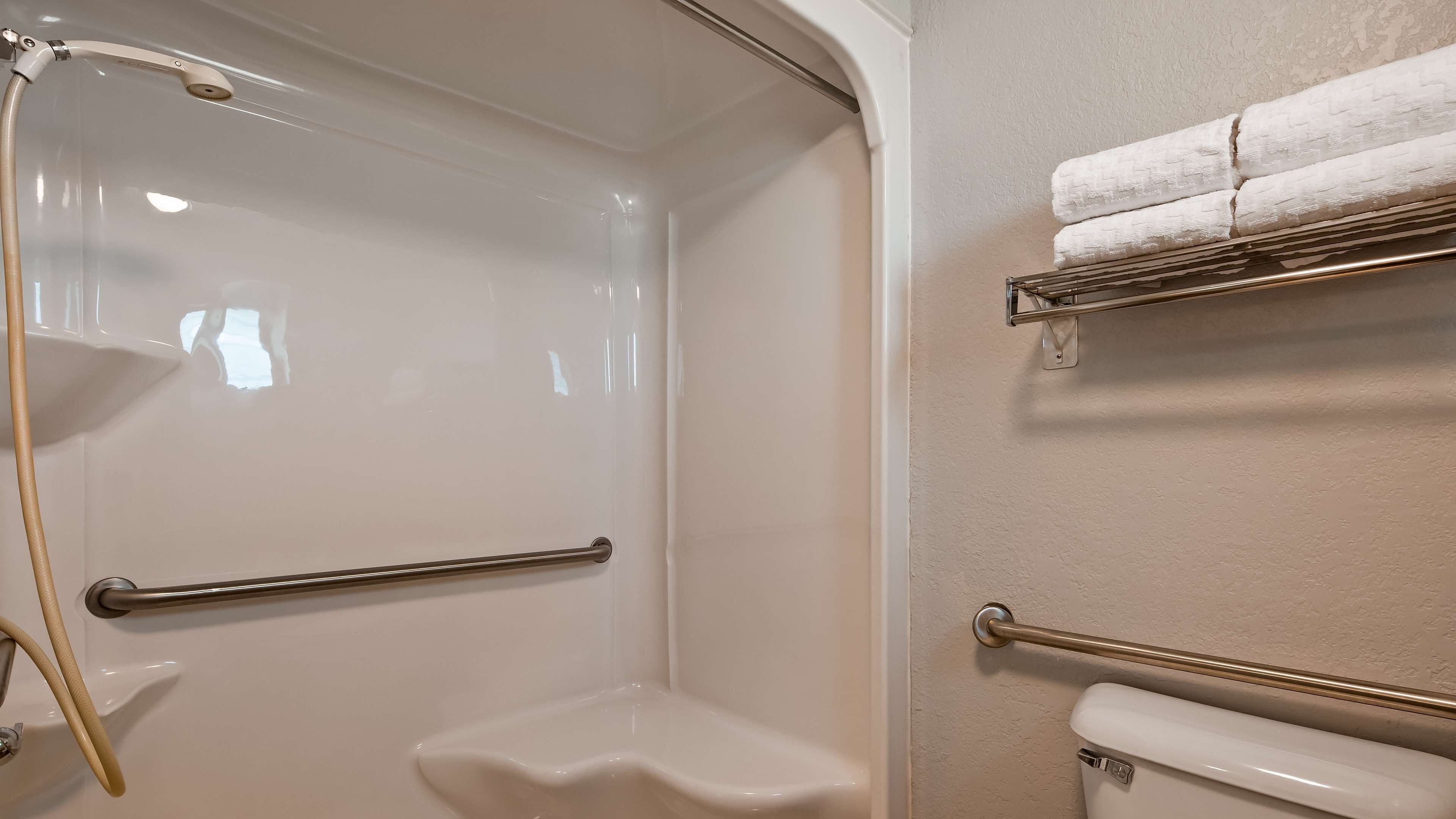 combined shower/bathtub, free toiletries, hair dryer, towels