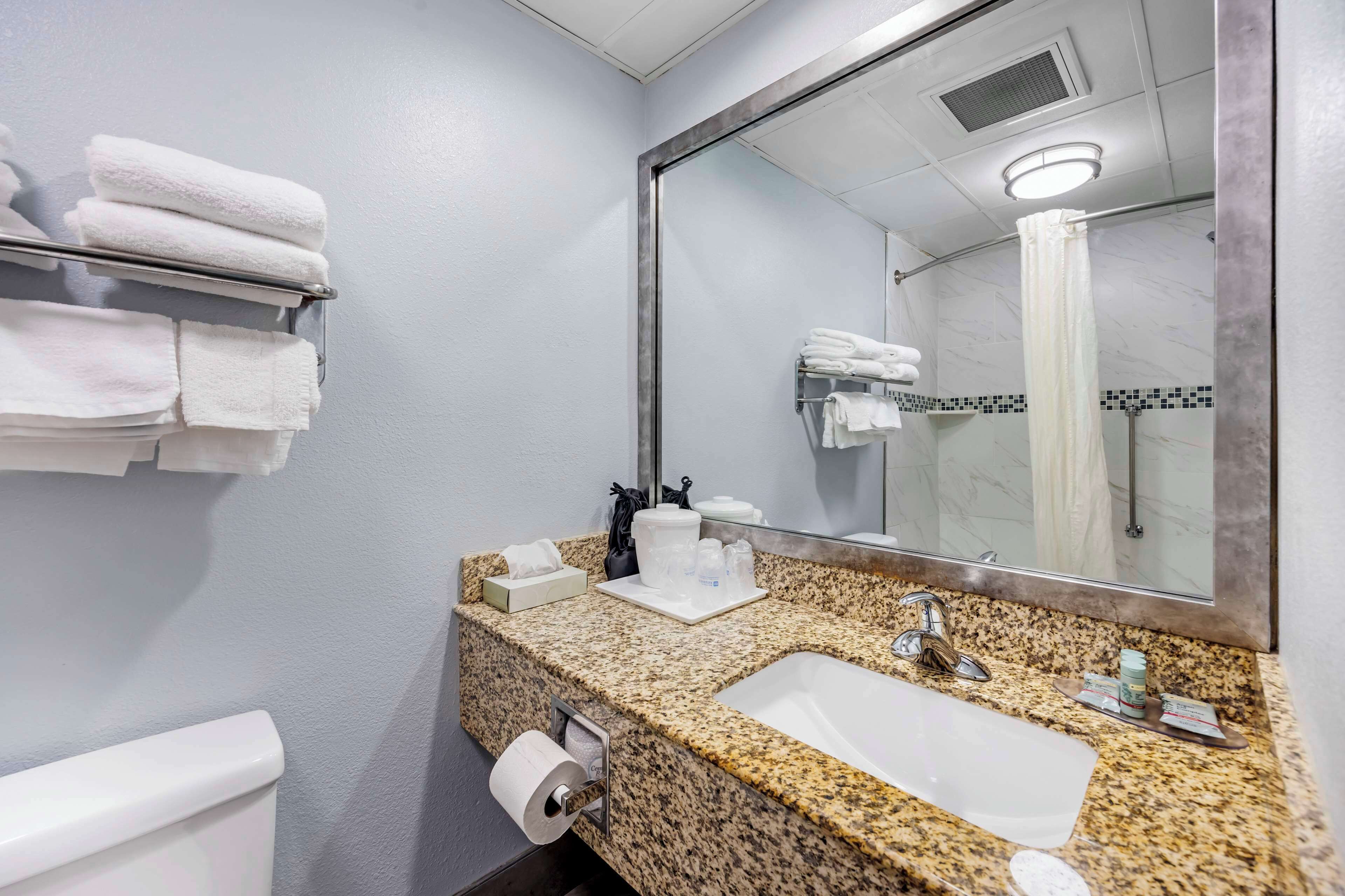 combined shower/bathtub, free toiletries, hair dryer, towels