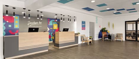 A reception area with a modern design, featuring a wooden reception desk, multiple seating options, and a clean, well-lit space.