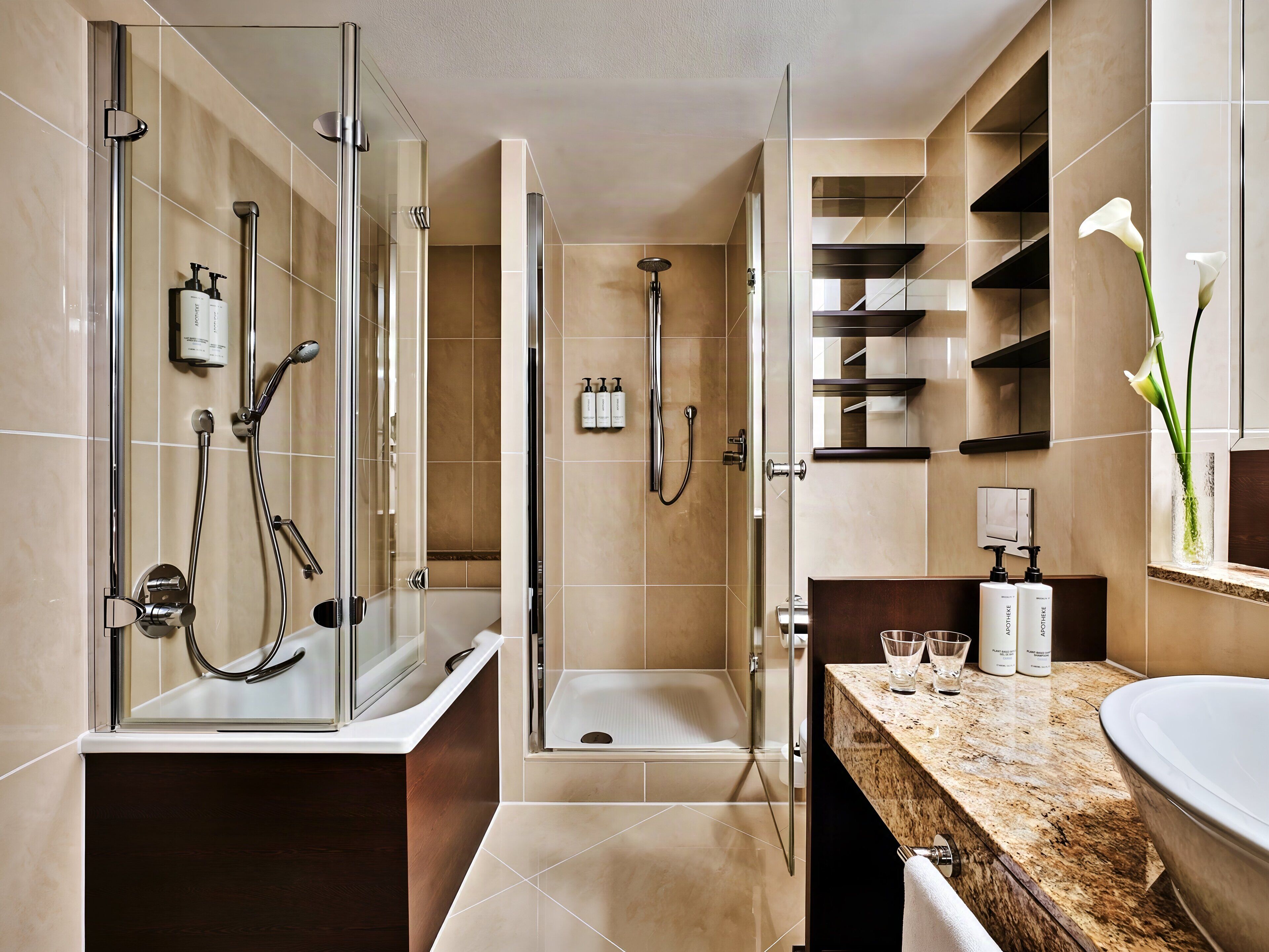 Rainfall showerhead, free toiletries, hair dryer, bathrobes