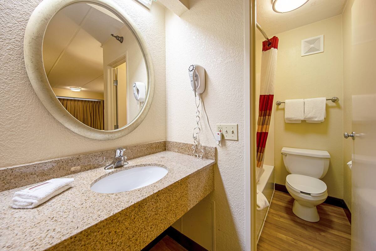 A bathroom with a sink, mirror, hairdryer, and toilet.
