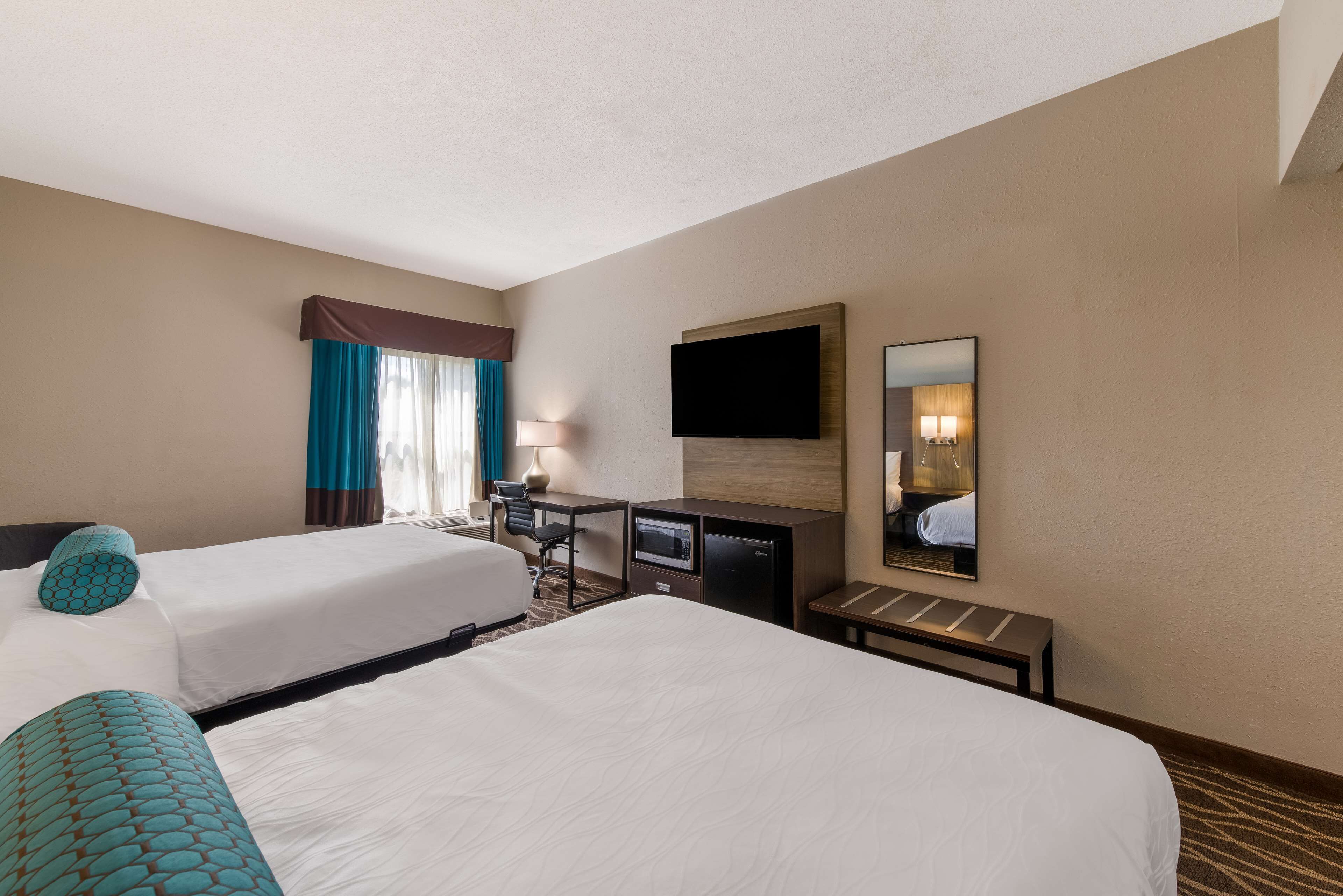 standard room, 2 double beds, non smoking, refrigerator & microwave | desk, laptop workspace, blackout curtains, iron/ironing board