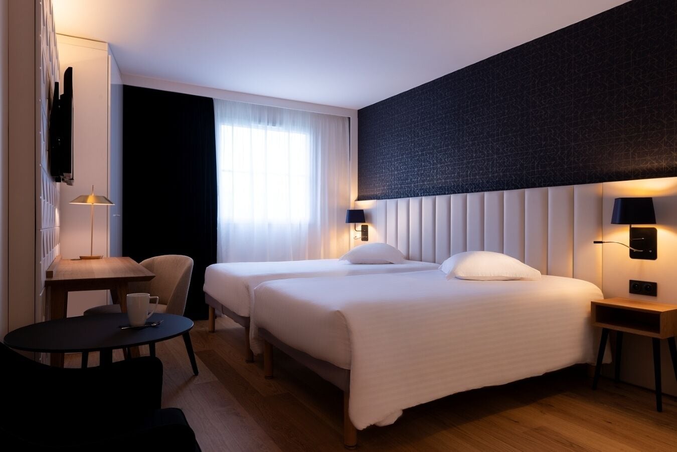 comfort twin room | premium bedding, in-room safe, desk, laptop workspace