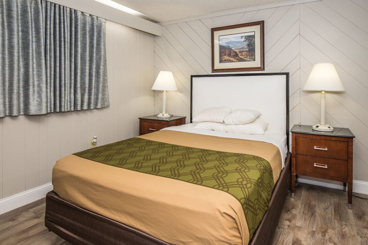 A neatly made bed with a green patterned bedspread, two bedside tables with lamps, a framed picture on the wall, and a window with curtains.