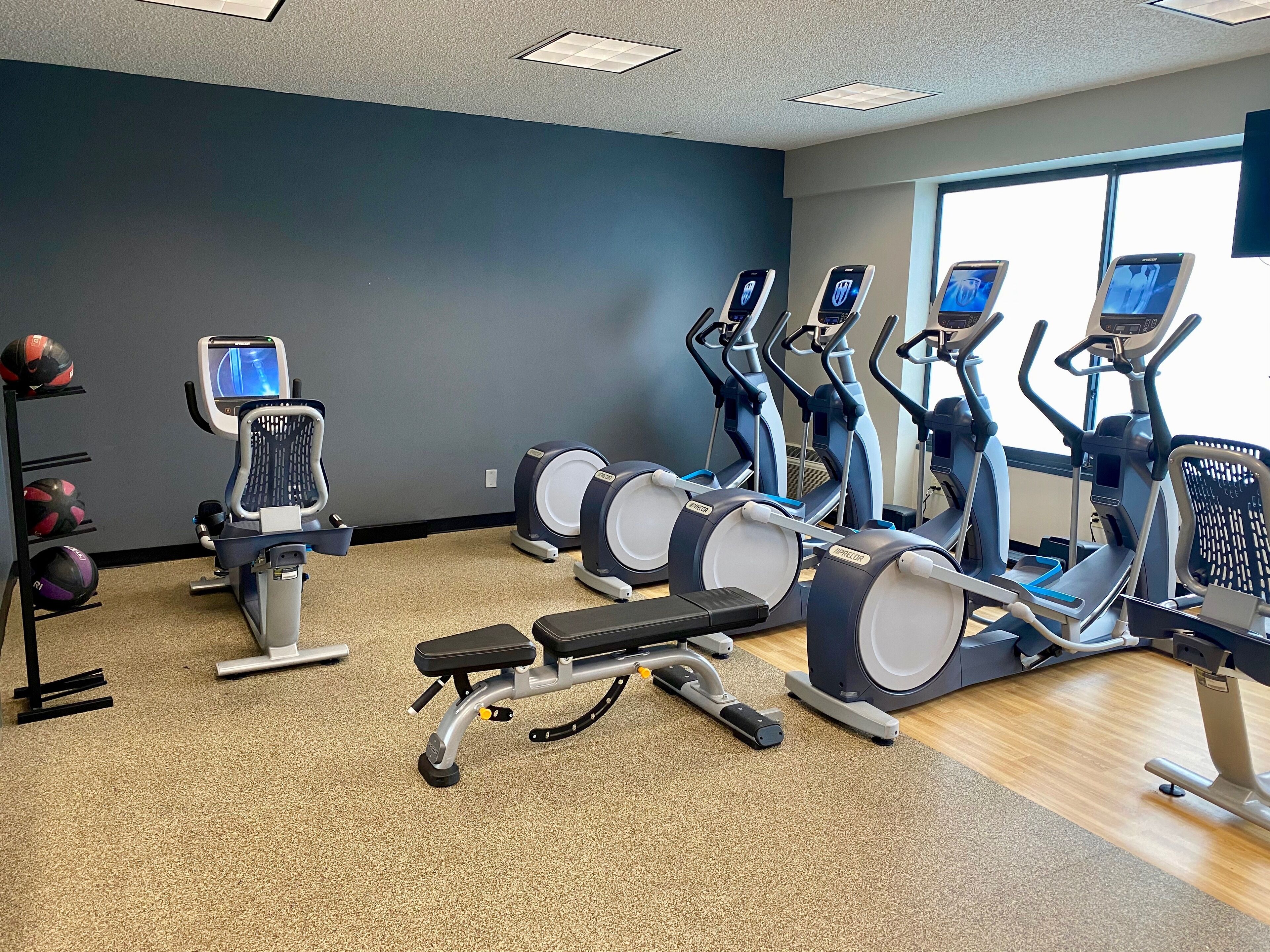 A gym with treadmills, elliptical machines, and a stationary bike.