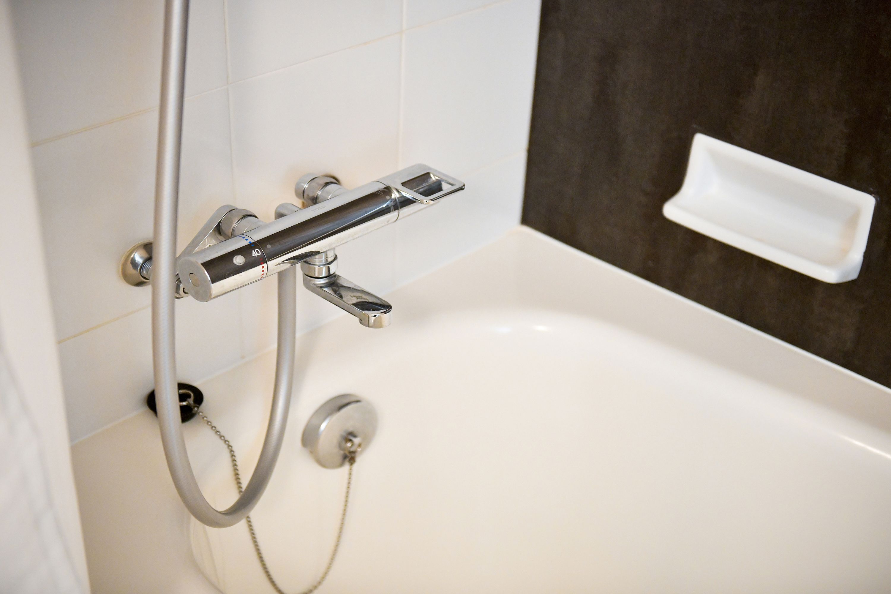 A modern bathroom with a bathtub, a handheld showerhead, and a wall-mounted soap dish.