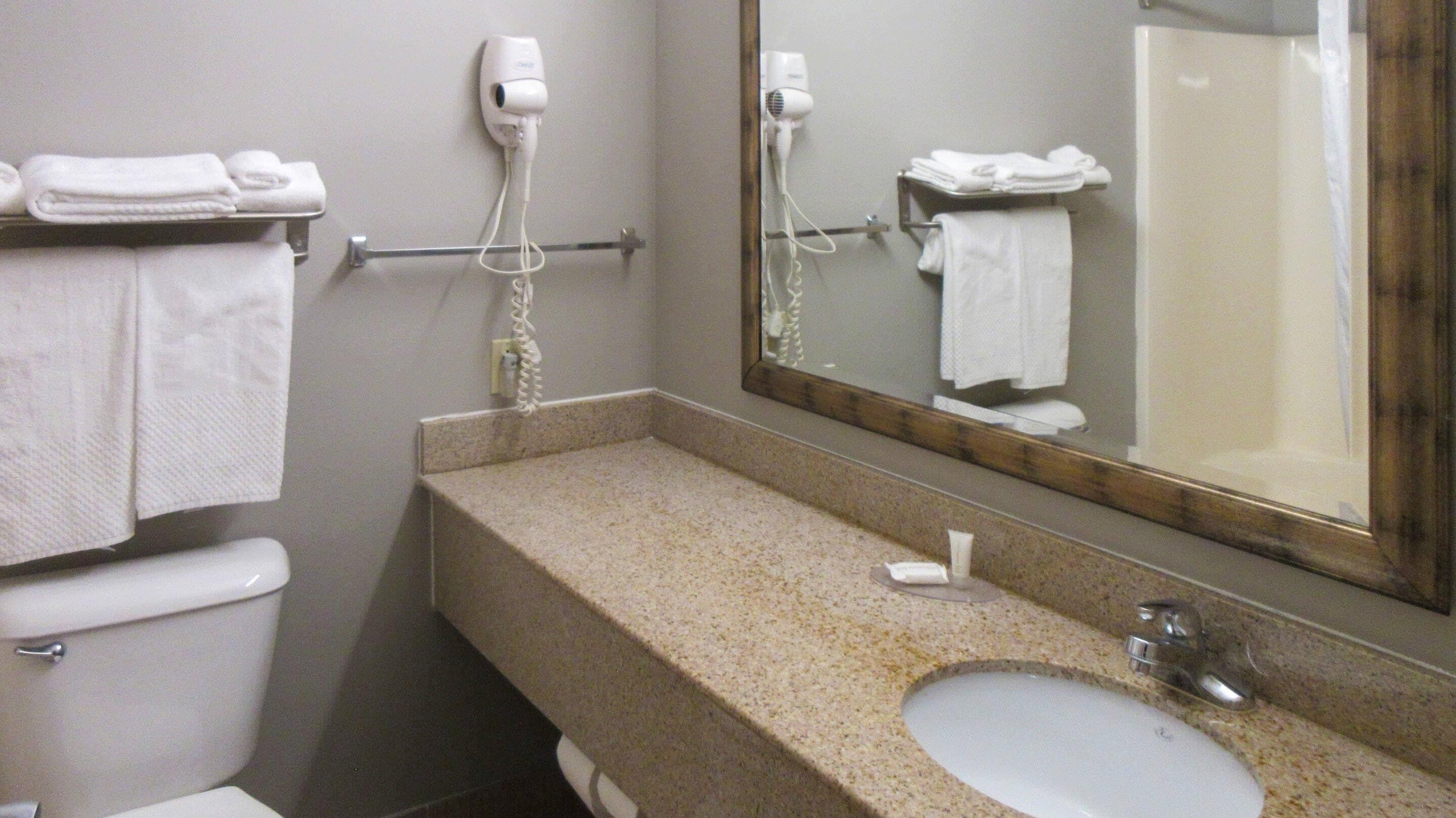 A bathroom with a toilet, sink, and two hair dryers mounted on the wall.