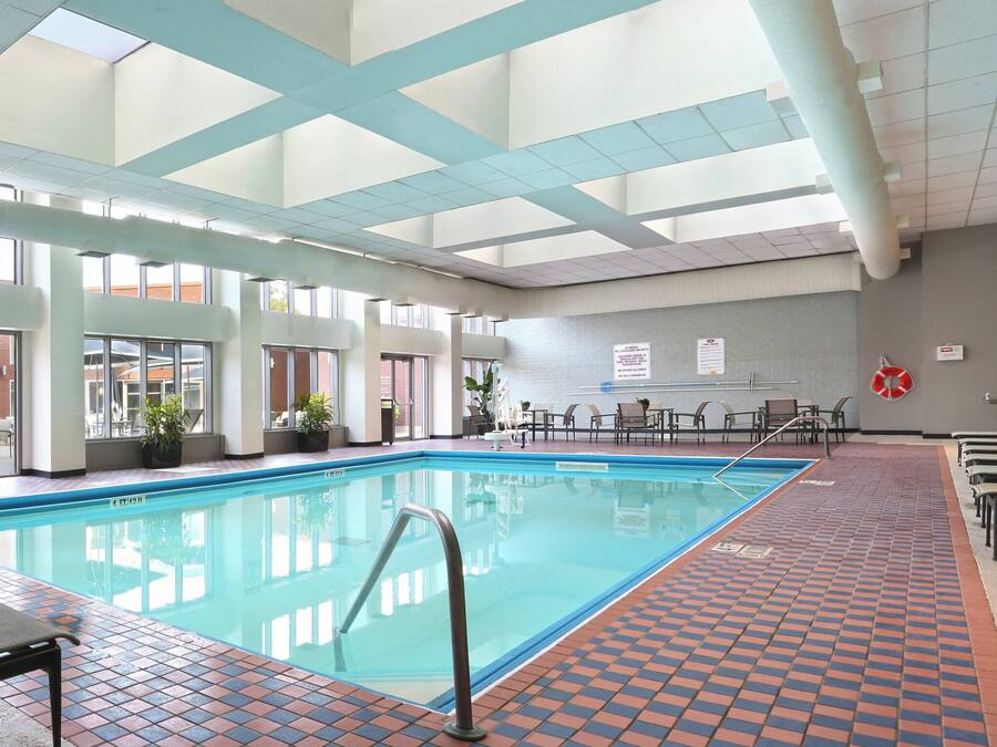 Una piscina interior con agua cristalina, rodeada de sillones de descanso y plantas en macetas.