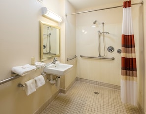 Standard Room, 1 King Bed, Accessible, Non Smoking (Roll-In Shower) | Bathroom | Free toiletries, towels