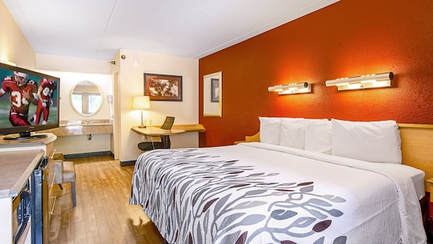 Una habitación de hotel con cama, escritorio, televisión y baño.