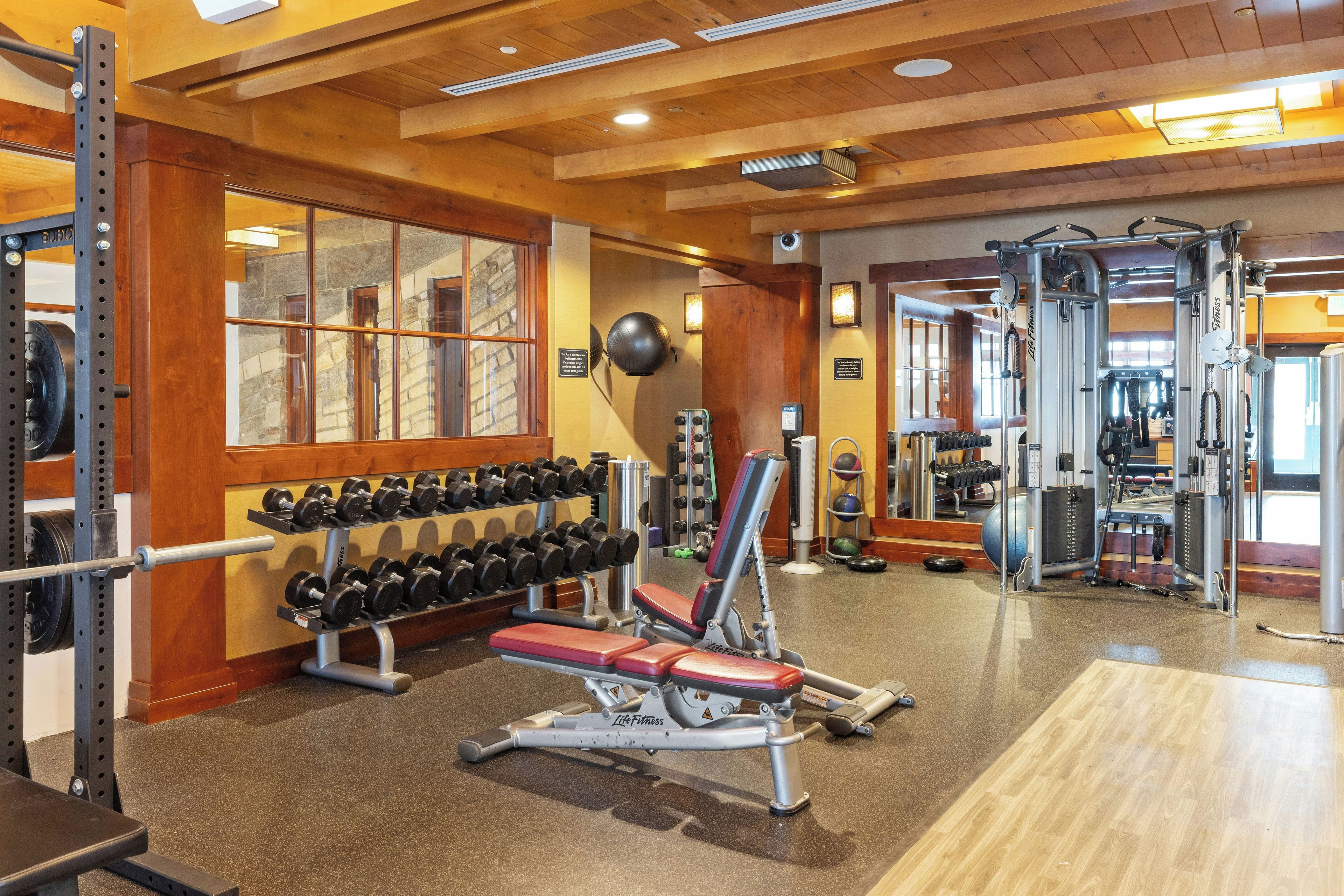 A gym with weightlifting equipment, dumbbells, and exercise machines.