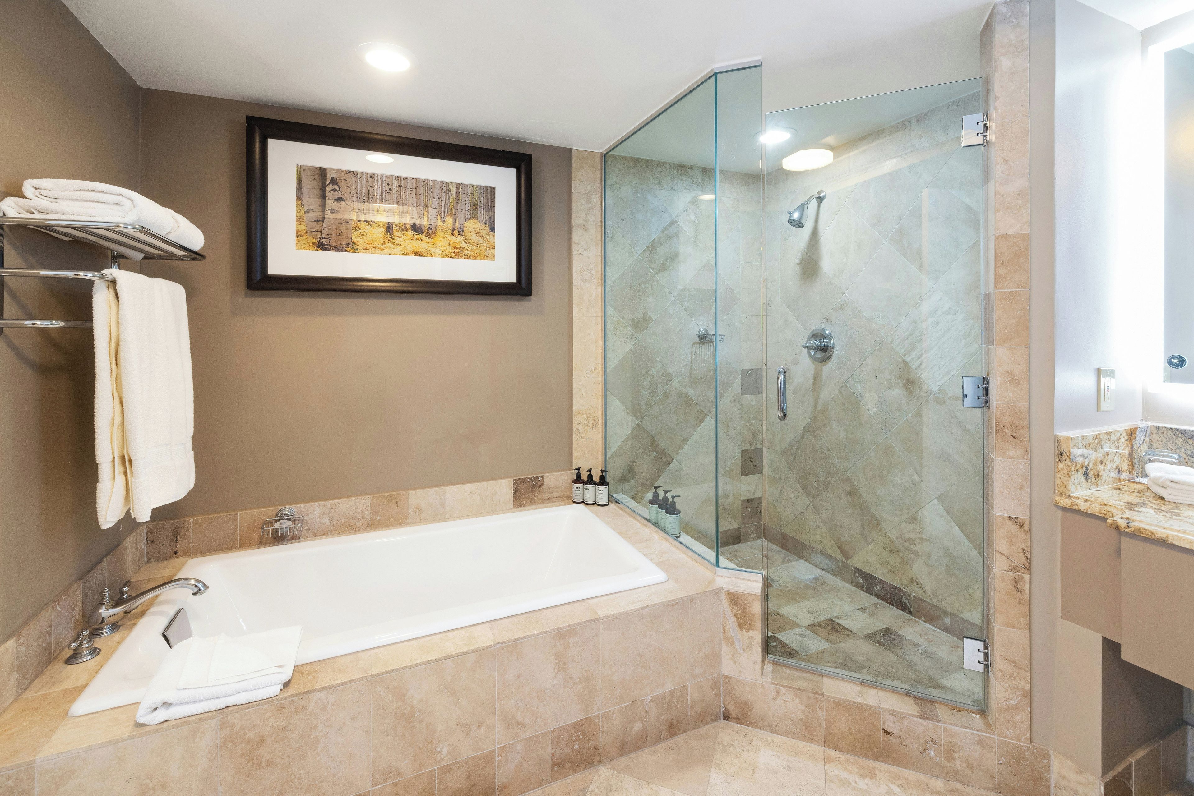 A modern bathroom with a glass-enclosed shower, a large bathtub, and a framed picture on the wall.