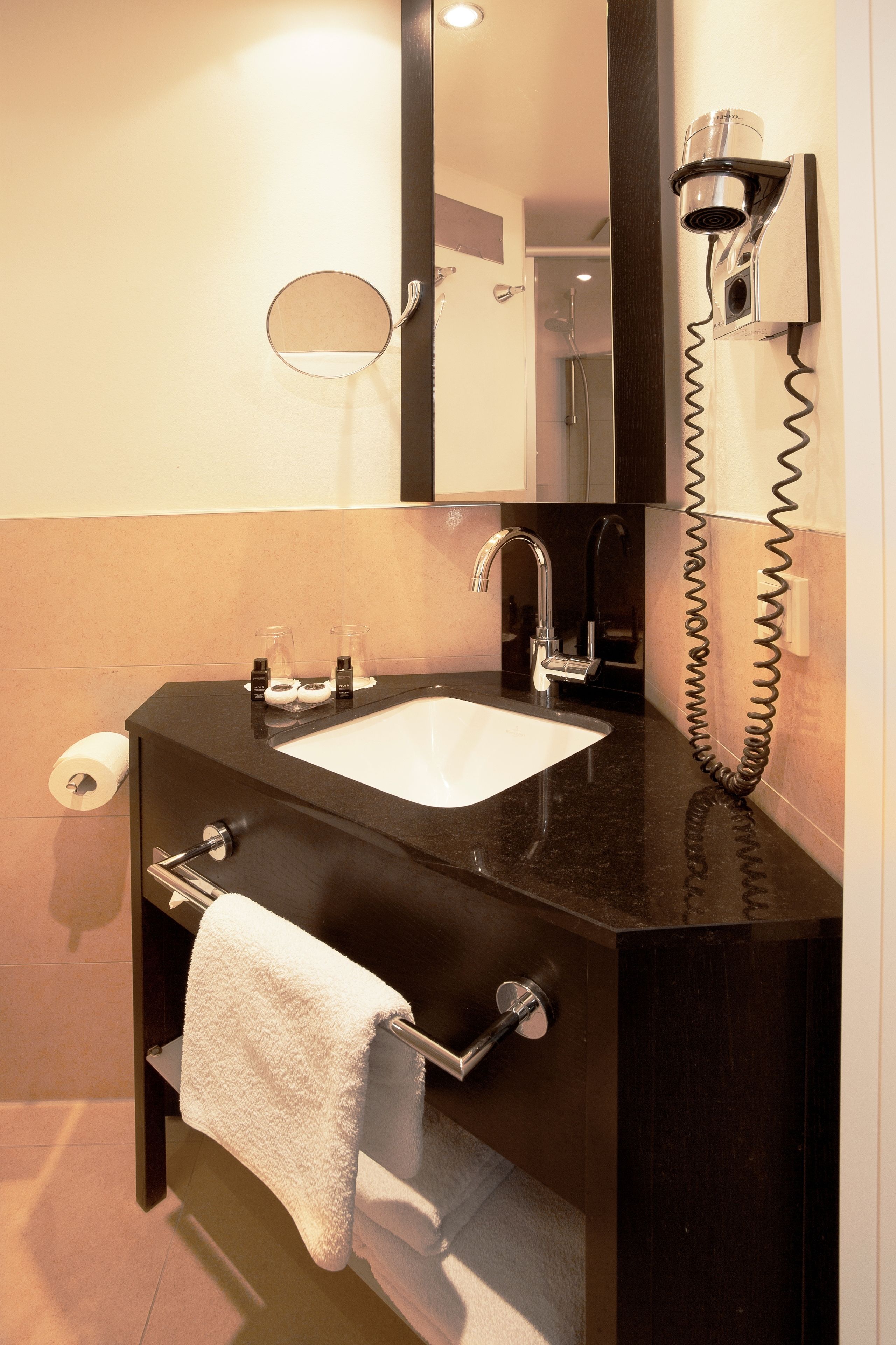 free toiletries, hair dryer, towels