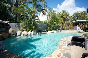 Outdoor pool, pool umbrellas, sun loungers