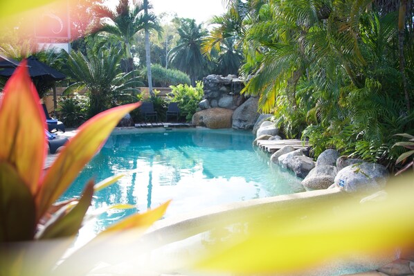 Piscine extérieure, parasols, chaises longues