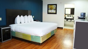 A hotel room with a large bed, a nightstand, a desk with a chair, a television, and a painting on the wall. - Stay Express Inn Dallas - Fair Park / Downtown (Dallas)