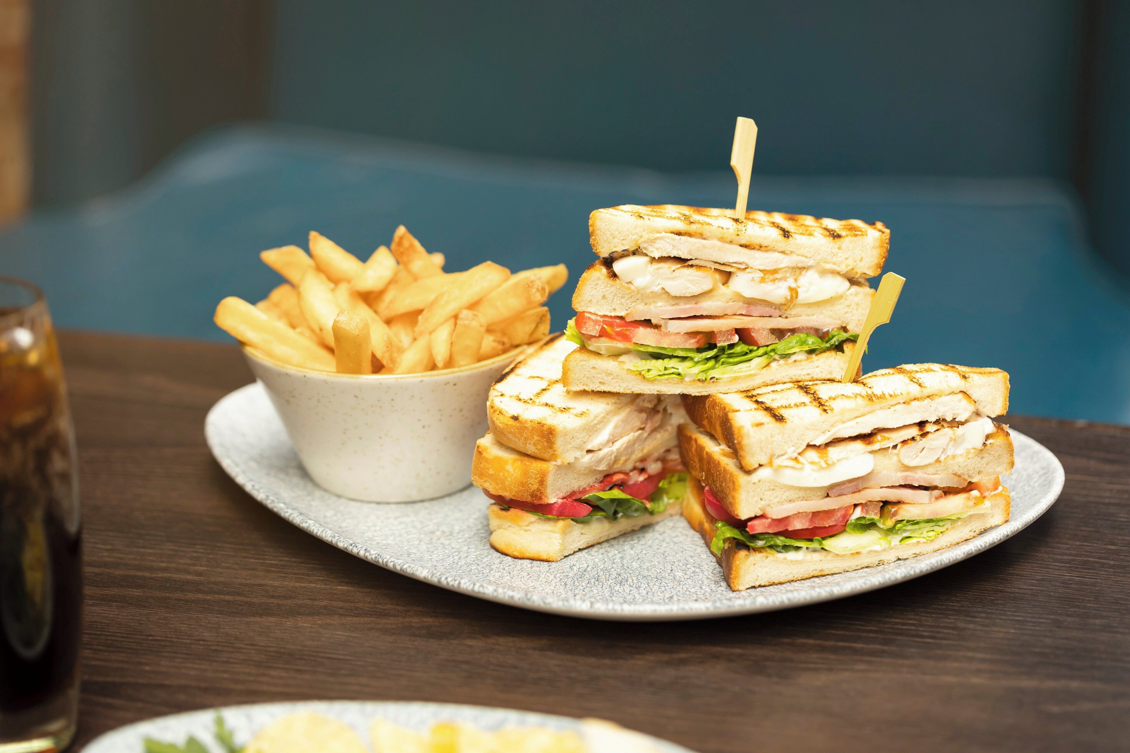 A plate with a grilled sandwich and a small bowl of fries.