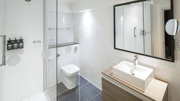 Eco-friendly toiletries, hair dryer, towels