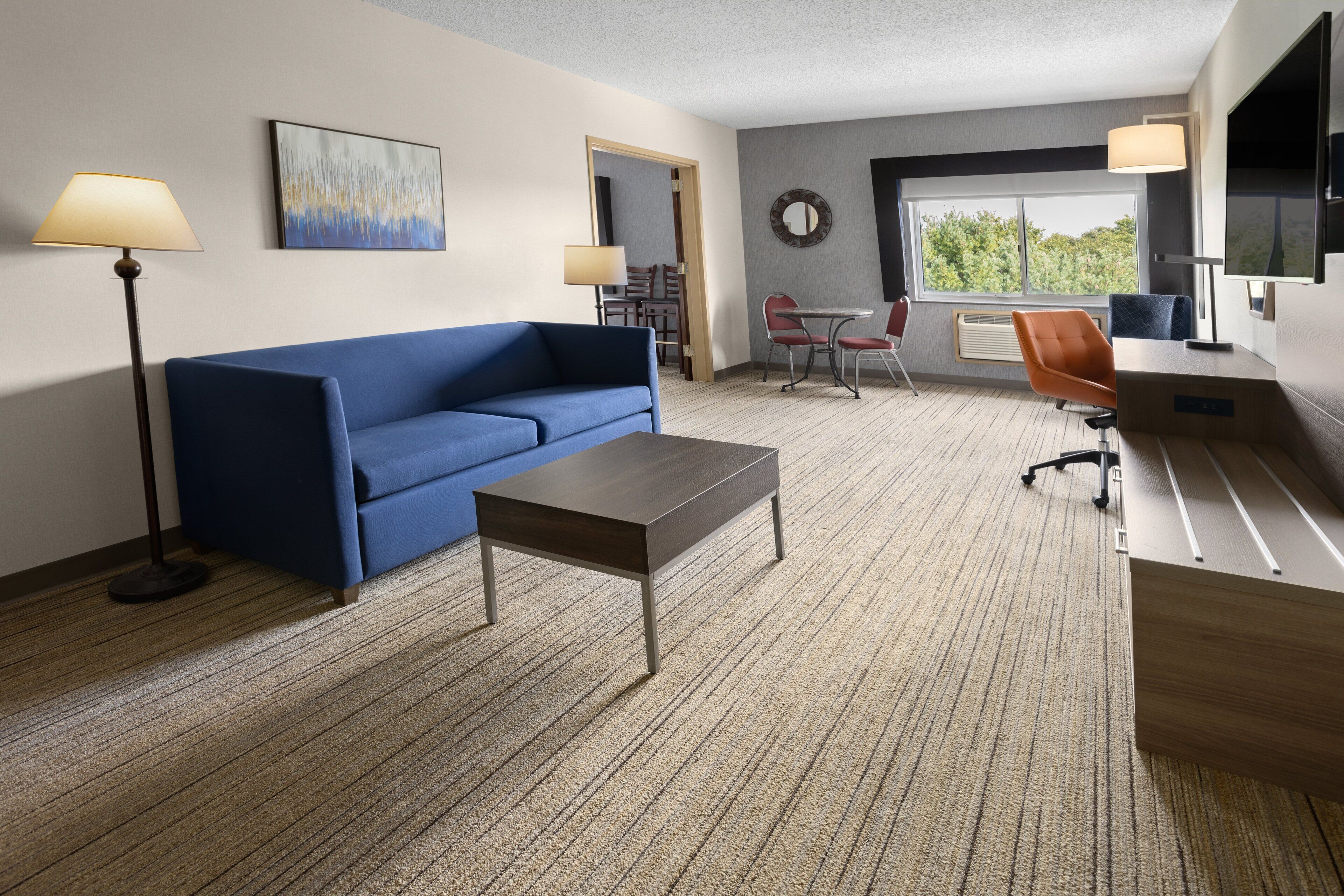 1 bedroom, desk, blackout curtains, iron/ironing board