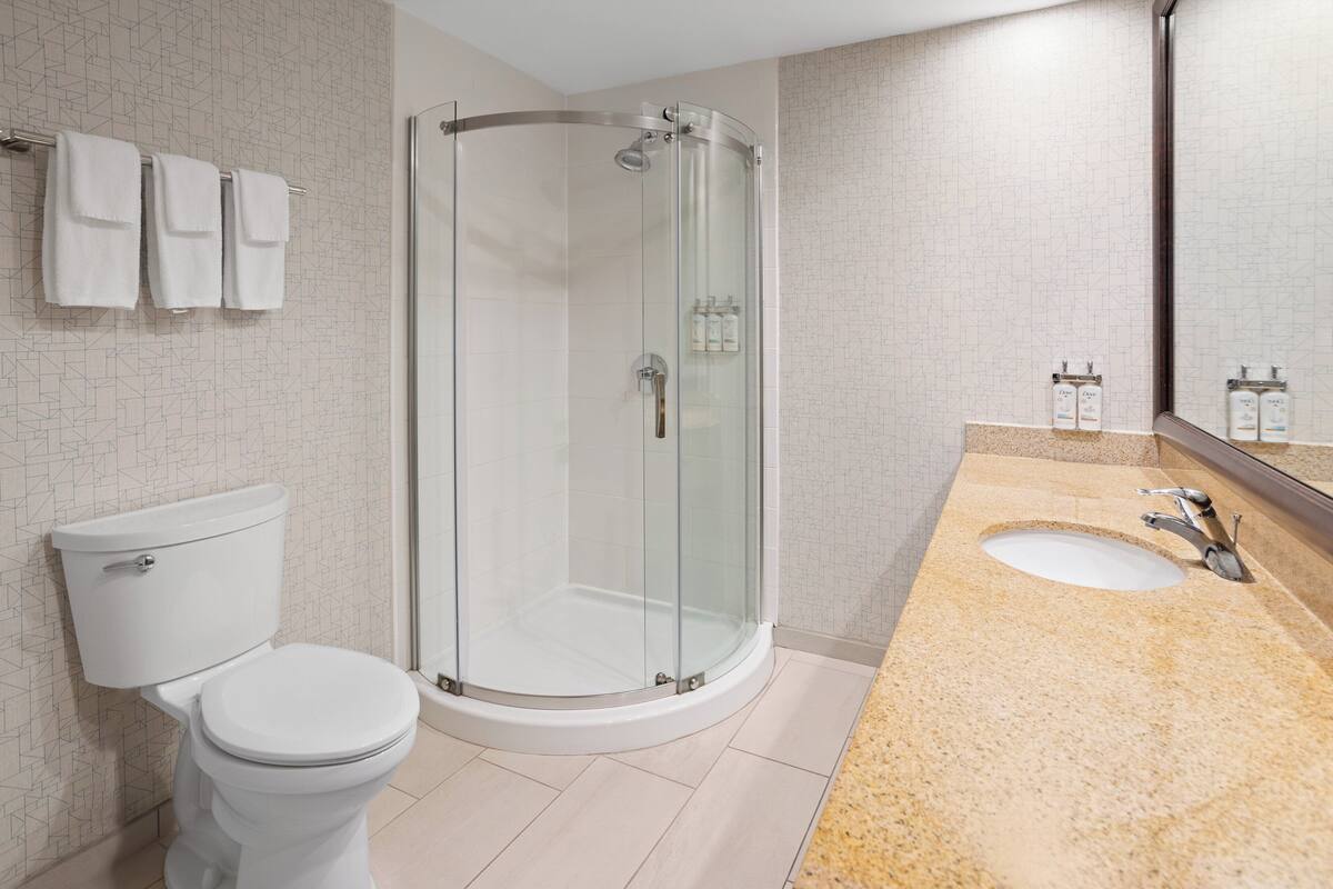 A modern bathroom with a glass-enclosed shower, a white toilet, and a granite countertop sink.