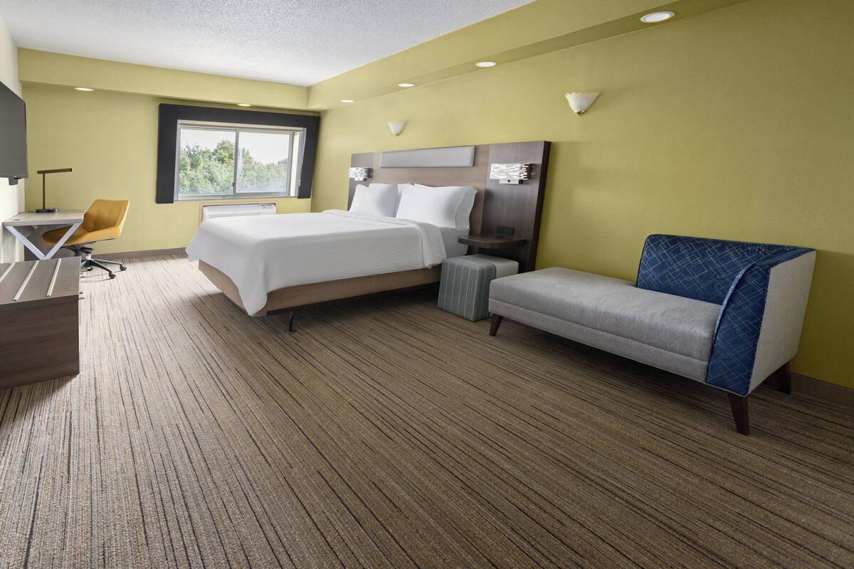 A hotel room with a bed, a sofa, a desk, and a chair.