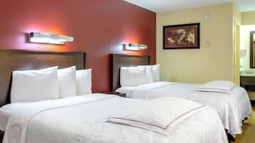 Desk, laptop workspace, blackout curtains, free WiFi