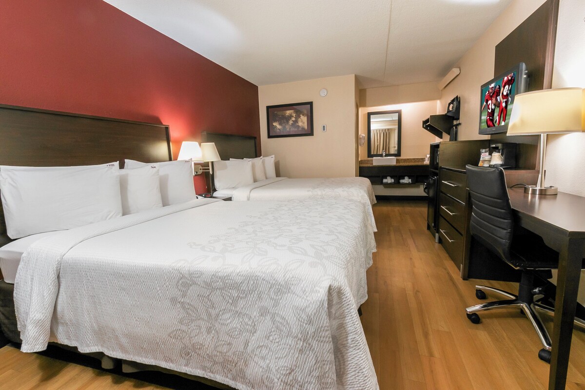Desk, laptop workspace, blackout curtains, free WiFi