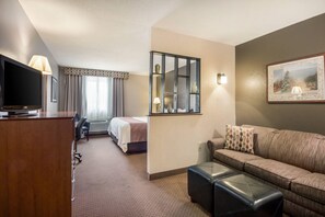 Une chambre d’hôtel avec un lit, un bureau avec une télévision, un canapé et un miroir.