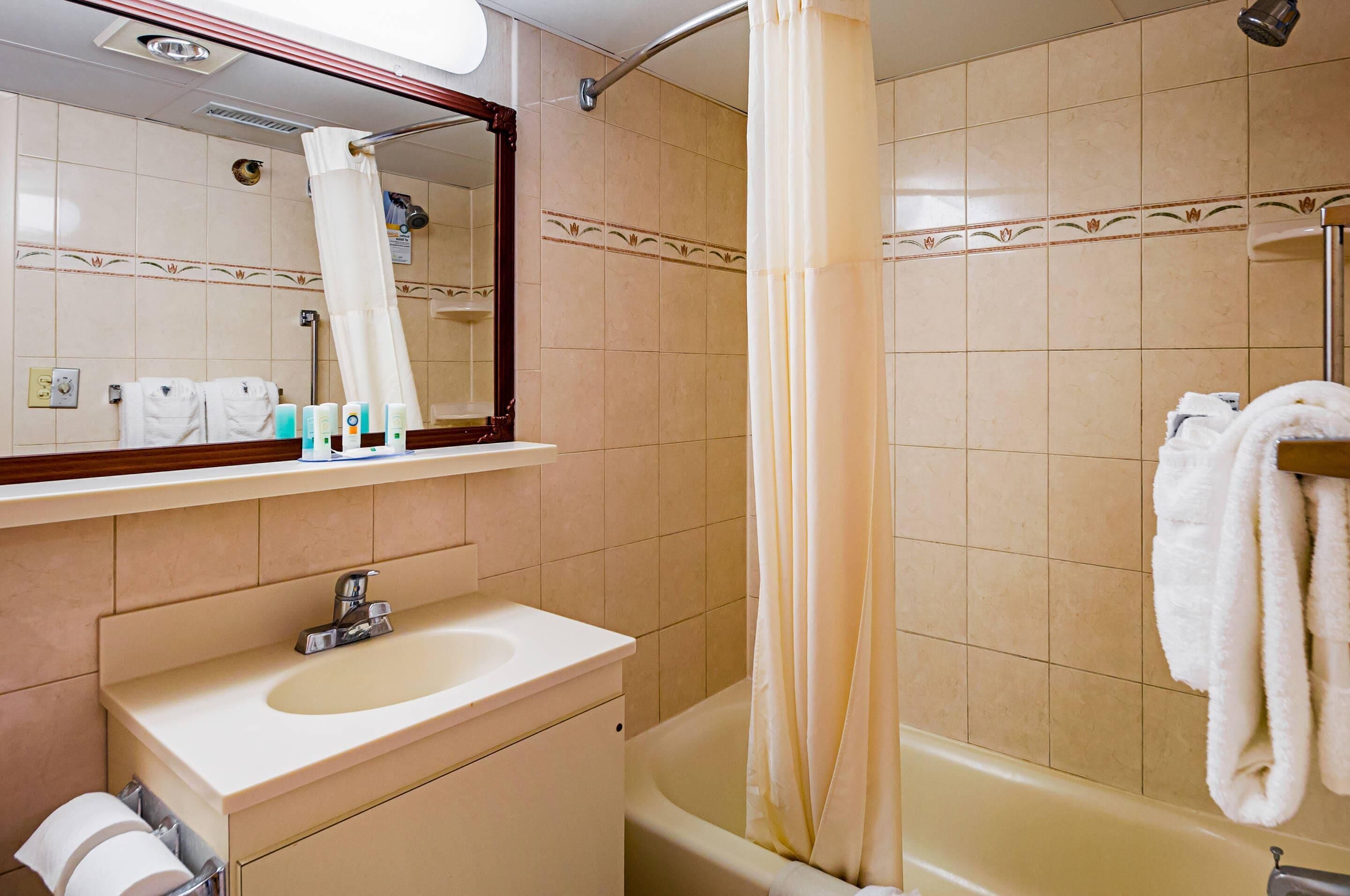 Une salle de bain avec un lavabo, un miroir et une baignoire.