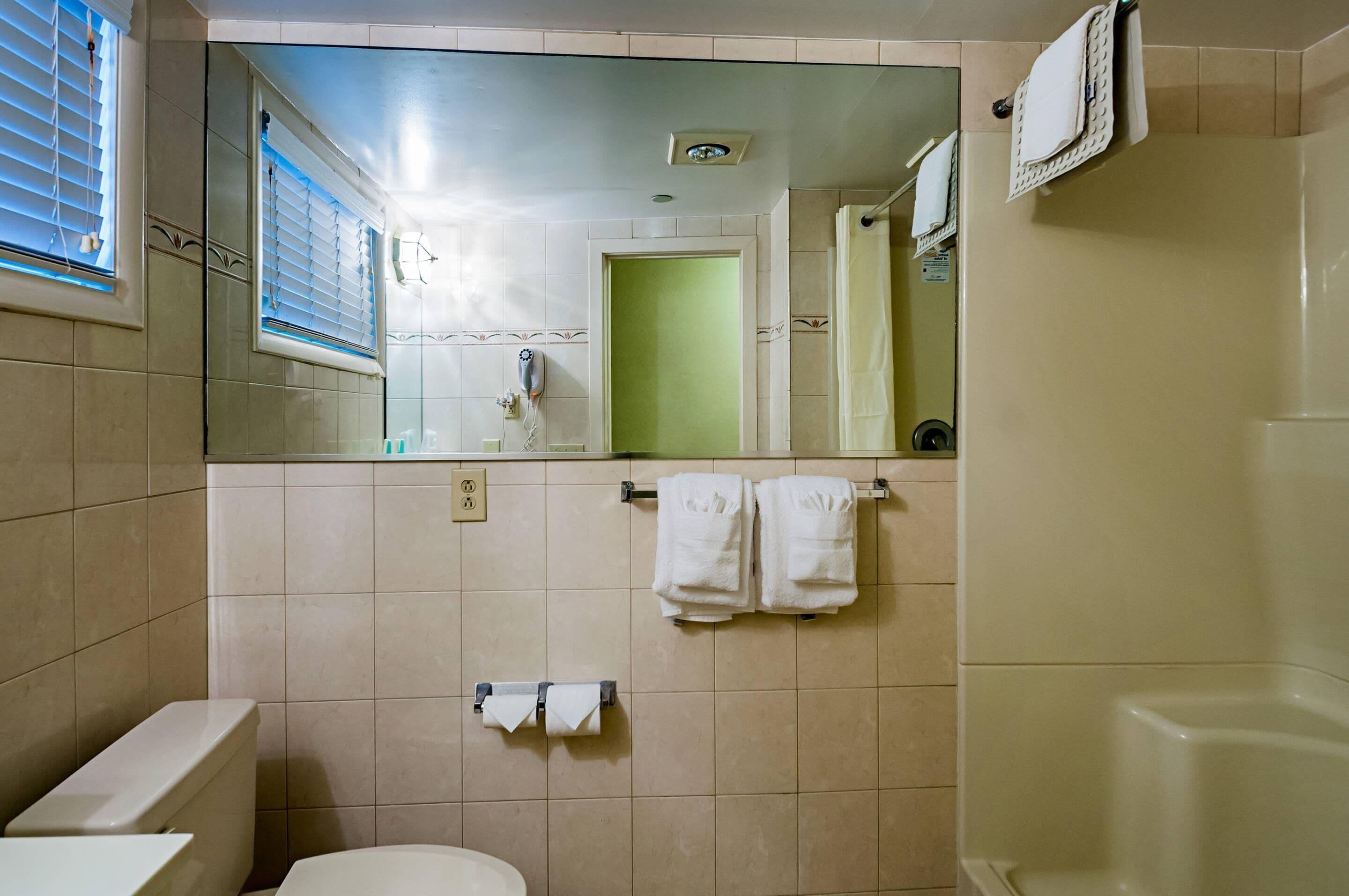 Un baño con inodoro, lavamanos, espejo, toallero y zona de ducha.