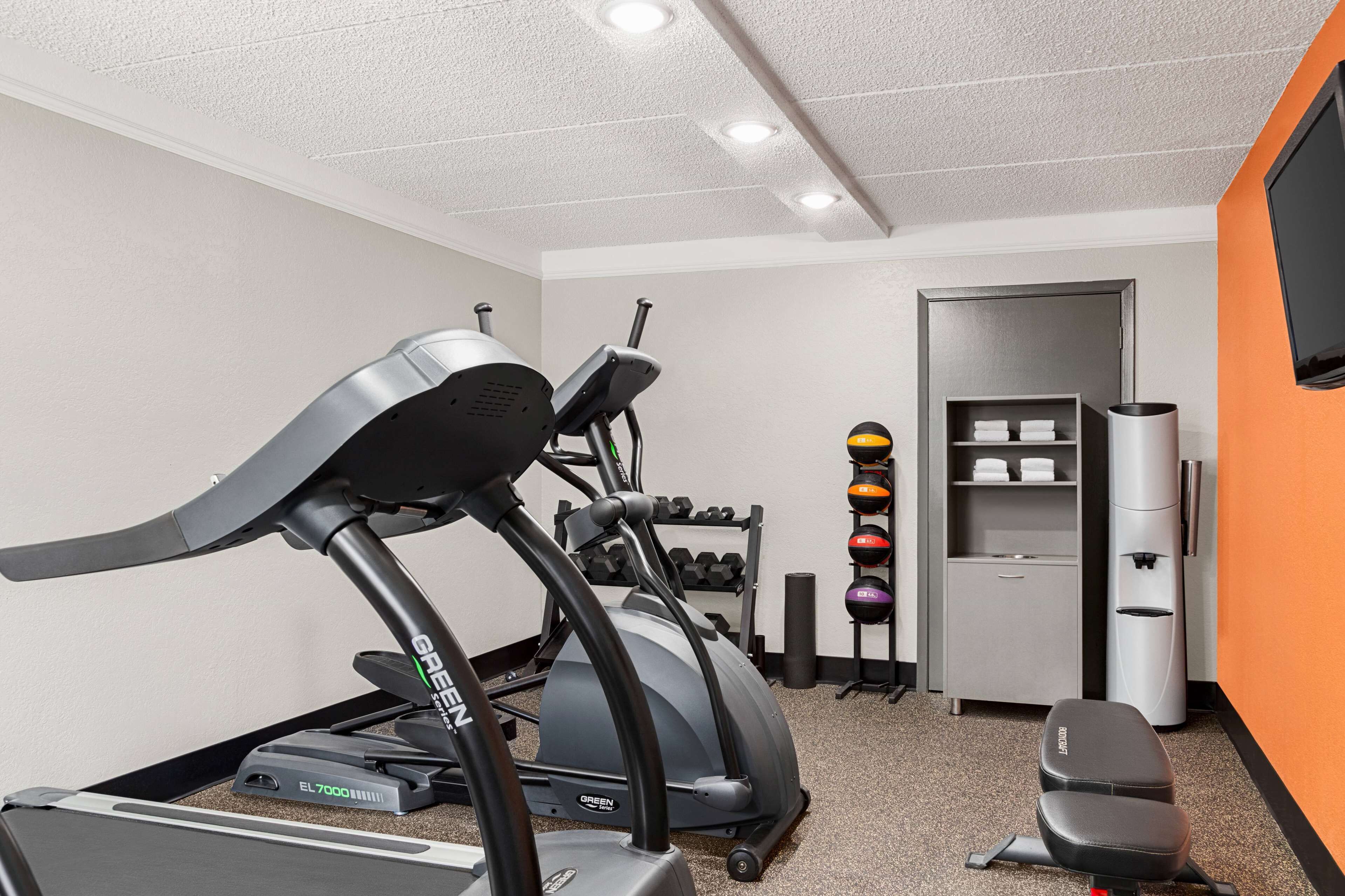 A gym with treadmills, a stationary bike, and a weight rack.