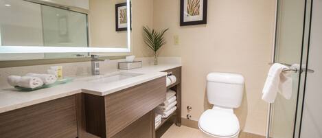 A modern bathroom with a large mirror, a sink, a toilet, and a glass shower enclosure.