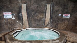 A hot tub with warning signs, a metal ladder, and a stone wall. - Victoria Inn Hotel and Convention Centre Winnipeg (Winnipeg)